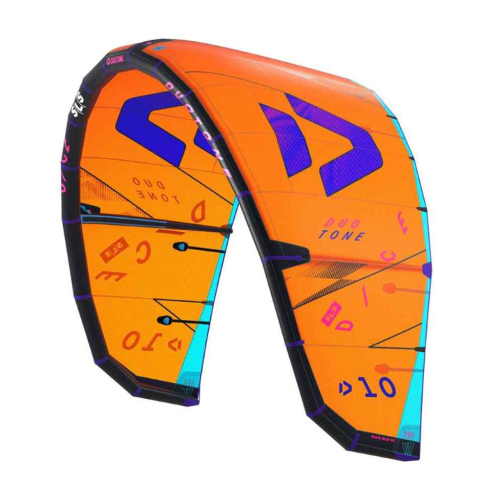 Aile kitesurf Duotone Dice SLS – coloris orange bleu | Flysurf