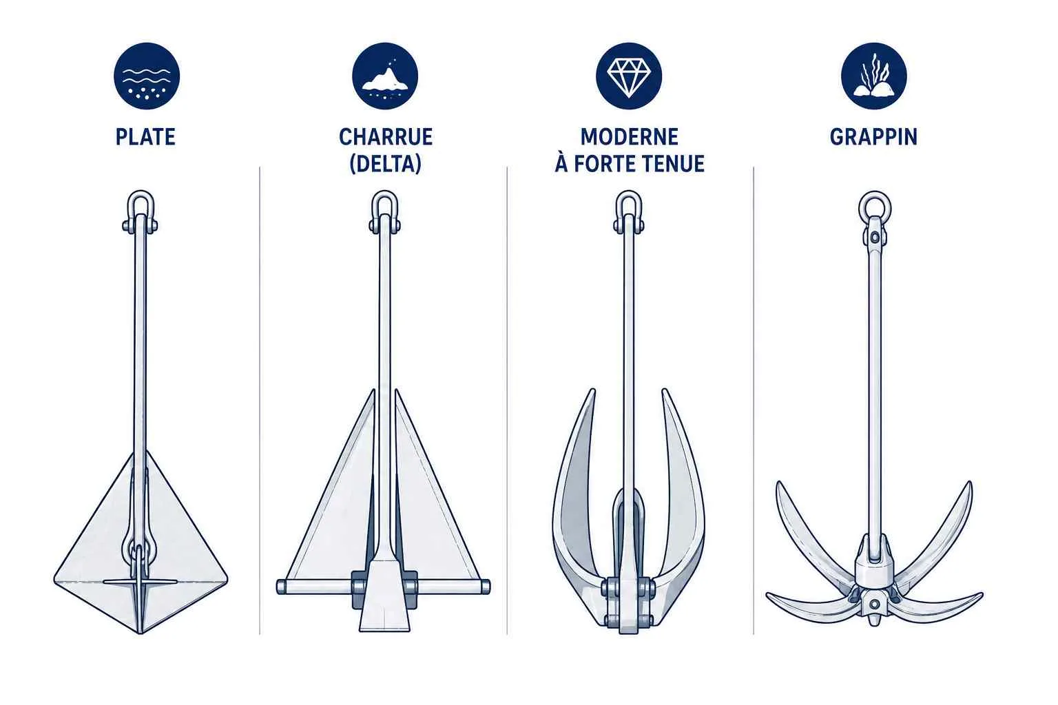 Vue comparative des quatre types d'ancre (plate, charrue Delta, grappin, flottante) présentées côte à côte